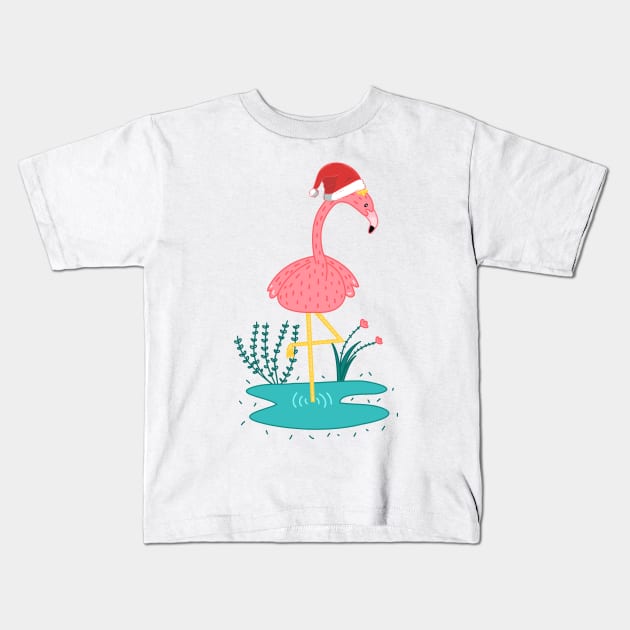 Cute Pink Flamingo Wear Santa Hat Kids T-Shirt by Skylane